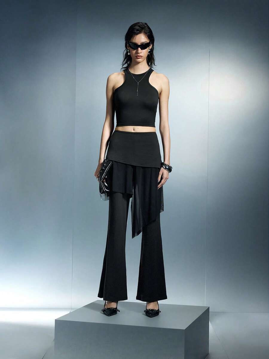 Airlisse Women's Sleeveless Halter Neck Tank Top + Chiffon Flared Low Waist Pants, Spring/Summer - Black - View 1