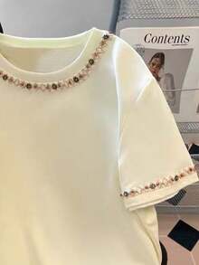 Resyla Women's Casual Embellished Short Sleeve T-Shirt, Summer - Apricot - View 7