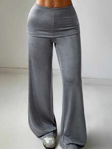 SHEIN EZwear 女士休闲折叠腰带灰色针织阔腿裤 - 灰色 - 查看 3