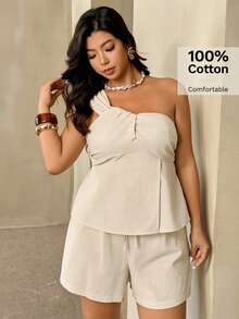 Auralis Conjunto de 2 piezas de lino y algodón beige para mujer, estilo casual elegante de verano para vacaciones y días festivos, top con nudo retorcido, tirantes anchos y bajo asimétrico & shorts con cordón - Albaricoque - Ver 5
