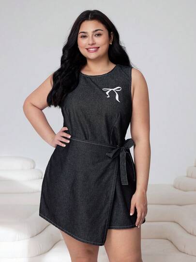 Solflare Plus Size Women's Casual Denim Dress With Bow Decor And Side Knot, Sleeveless