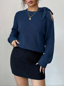 Casual Solid Color Shoulder Tie Raglan Sleeve Loose Knit Sweater, Autumn/Winter - Dusty Blue - View 4