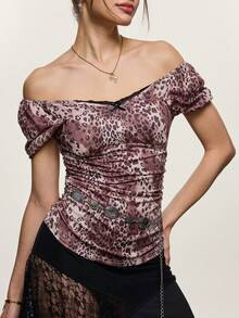 INAWLY Women's Leopard Print Contrast Lace Puff Sleeve Fitted T-Shirt, Summer - Multicolor - View 1
