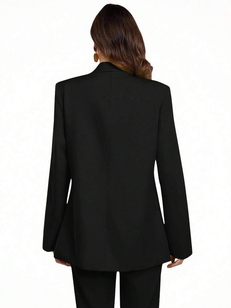 Aveloria Modichic Blazer de Lapela Casual de Cor Sólida, Primavera/Outono - Preto - Visão 2