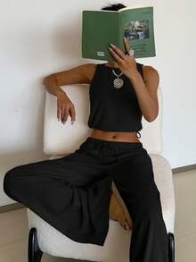 SHEIN EZwear Damset med enfärgat, ärmlöst minimalistiskt design, sommar, 2 delar - Svart - Visa 5