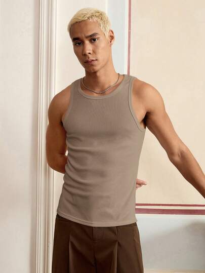 SWAVVY Standard Size Men's Fashion Casual All-Match Minimalist Tight-Fitting Undershirt, Material, Versatile Men's Sleeveless Tops Men's Round Neck Tank Top Men's Tank Top Brown Tank Top Men's Ribbed Tank Top