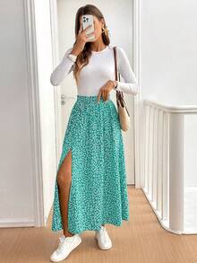 SHEIN Tall CURVE 大码夏季度假碎花开衩裙 - 綠色 - 查看 4