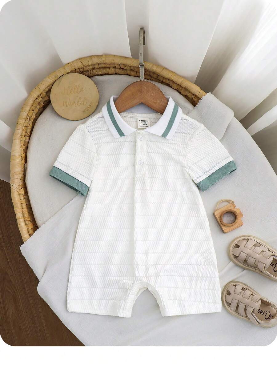 Bộ áo liền quần cho bé trai/bé gái sơ sinh, màu xanh lá cây, chất liệu vải jacquard mềm mại, thoải mái, phối màu tương phản, cổ bẻ, tay ngắn, khóa kéo nửa thân, có quần đùi hở đáy, thích hợp cho kỳ nghỉ, ở nhà và hoạt động ngoài trời. - trắng - Xem 1
