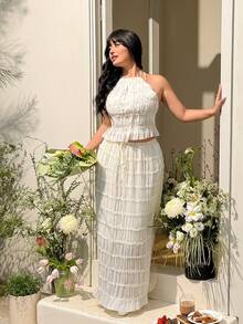 SHEIN EZwear 波西米亚波浪纹吊带露背吊带衫和荷叶边长裙两件套，大码，浪漫度假风，春夏款 - 米色 - 查看 1