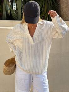 DAZY 女士宽松条纹衬衫，带领，春季款 - 杏色 - 查看 5