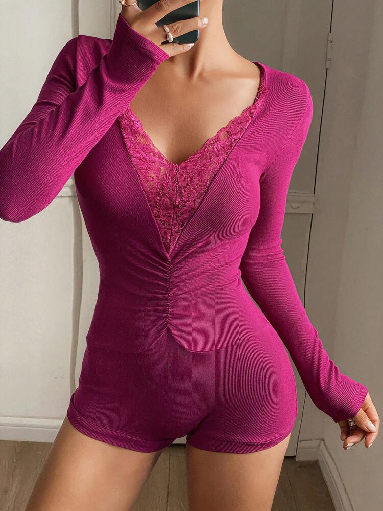 Charming Lace Patchwork Knitted Ruched Design Short Women Pajama Jumpsuit
