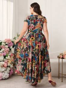 Reflora 大码女士优雅印花连衣裙，夏季婚礼宾客礼服 - 彩色 - 查看 3