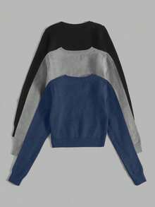 SHEIN LUNE 3pcs Casual Solid Color Cropped Sweater Set - Multicolor - View 2