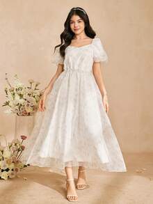 Đầm màu hồng nhạt cho bé gái tuổi teen, mùa xuân/hè, đầm dự tiệc cưới, tiệc sinh nhật, đầm dài bằng chiffon cho bé gái, đầm ngắn tay bằng polyester không co giãn, nhẹ. - Màu Hồng baby - Xem 7