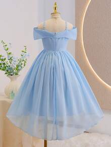 Tween Girls' Elegant Blue Sleeveless Chiffon Fitted Dress, Suitable For Evening Party, Christmas, Halloween, Wedding, Prom, Vacation, Graduation Season And Other Occasions - Blue - View 2