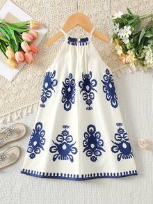 Young Girl Vacation Summer Totem Tropical Plant & Floral Pattern Halter A-Line Dress - Blue and White - View 6