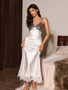 French V-Neck Satin High-End Irregular Ruffle Hem Design Sexy Camisole Nightgown - White - View 3