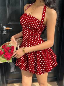SHEIN EZwear 夏季女士撞色波点印花迷你连衣裙 红色波点连衣裙 波点连衣裙 波点吊带连衣裙 女士波点连衣裙 女士夏季连衣裙 吊带迷你连衣裙 女士连衣裙 - 酒紅色 - 查看 5