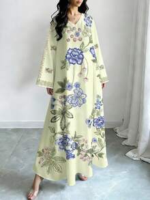 SHEIN Najma 女士花卉枝条几何刺绣复古印花V领长袖优雅阿拉伯风格长款连衣裙，春夏款 - 彩色 - 查看 4