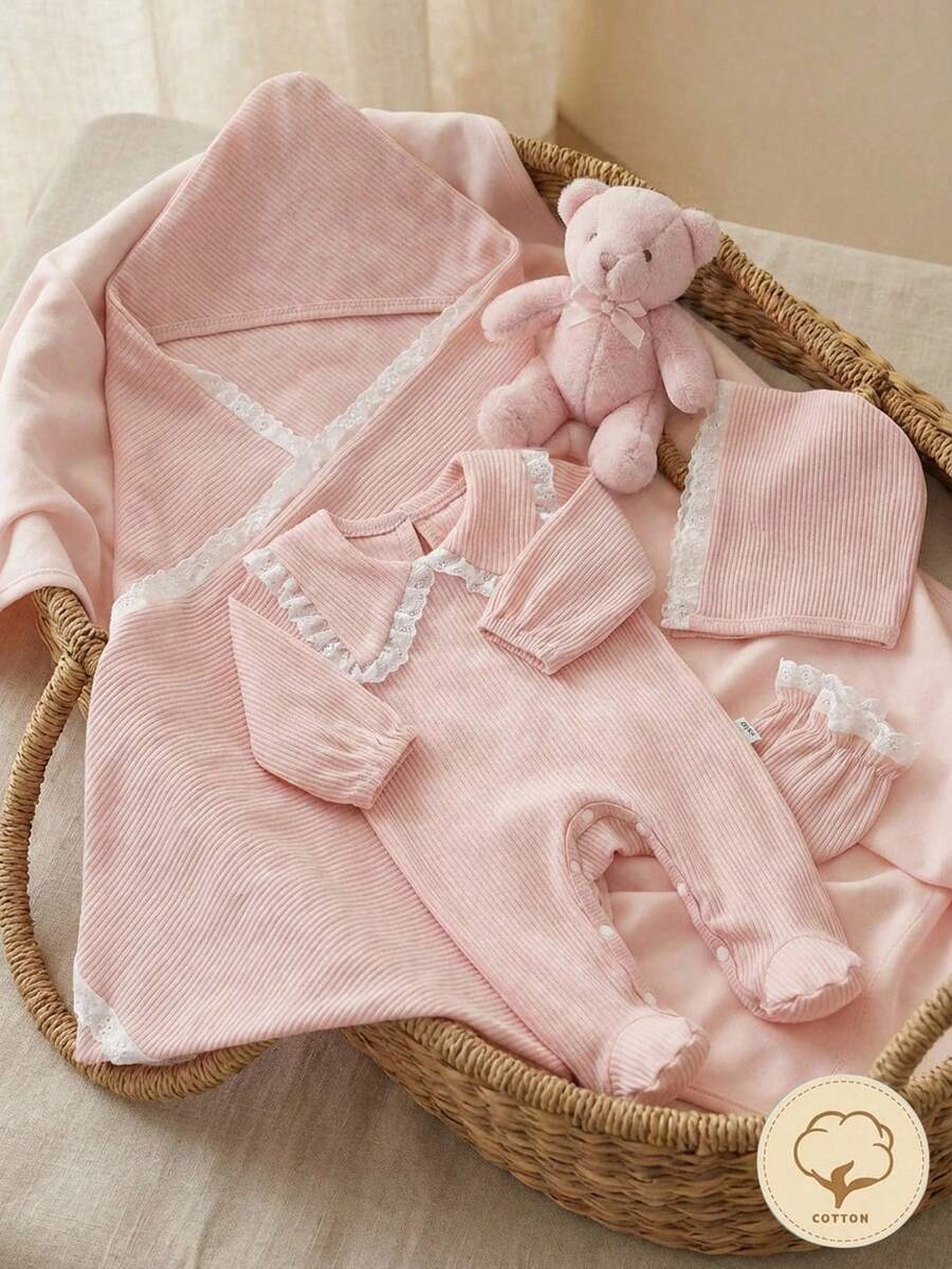 SHEIN 4件套新生儿婴儿服装套装，可爱彼得潘领白色蕾丝连体衣配帽子、毯子和手套 - 淺粉色 - 查看 1