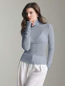 Ontre 斯德哥尔摩风格女教师套装，优雅夏季衬衫，网纱长袖衬衫，商务休闲女式基础款上衣 - 藍色 - 查看 3