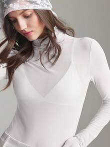 Ontre 斯德哥尔摩风格，女教师套装，秋季服装，高领针织衫，优雅秋冬衬衫，网纱长袖衬衫，商务休闲女式基础款上衣 - 白色 - 查看 5