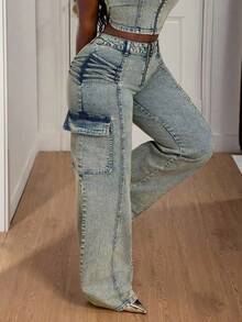 Slaydiva Plus Size Casual Washed Vintage Wide Leg Cargo Jeans - Black - View 5
