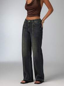 Aloruh 女士纯色休闲日常牛仔裤 - 藍色 - 查看 5