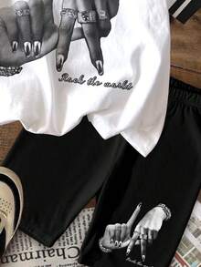 两件套少女休闲简约黑白洛杉矶手势印花短袖宽松T恤和打底裤，街头风，朋克风，适合夏季 - 彩色 - 查看 5