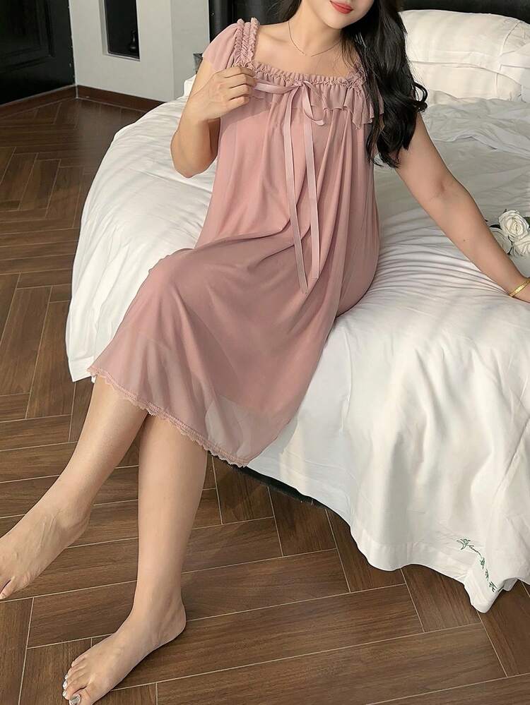 Dazy Plus Plus Size Women Ruffled Mesh Sexy Knee-Length Nightgown, Lightweight & Sweet