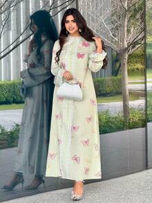 Al Najma 女士优雅长袖蕾丝拼接阿拉伯连衣裙，饰有蝴蝶贴花 - 彩色 - 查看 6
