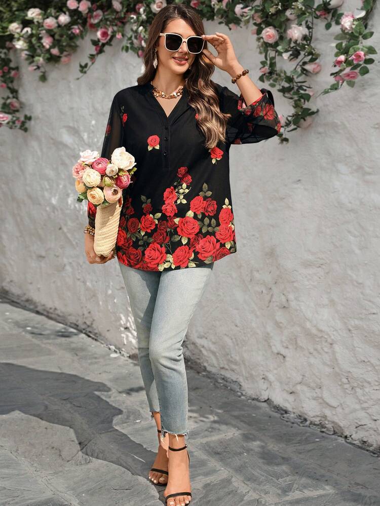 Plus Size Casual Rose Print Shirt/Summer/Vacation Half Button Beach Blouse Formal Attire New Arrival Blouse Women's Tops And Blouses Plus Size Shirts For Women Summer Outfits For Women Beach Outfit For Women Casual Vacation Outfits Women Country Concert Outfit Peplum