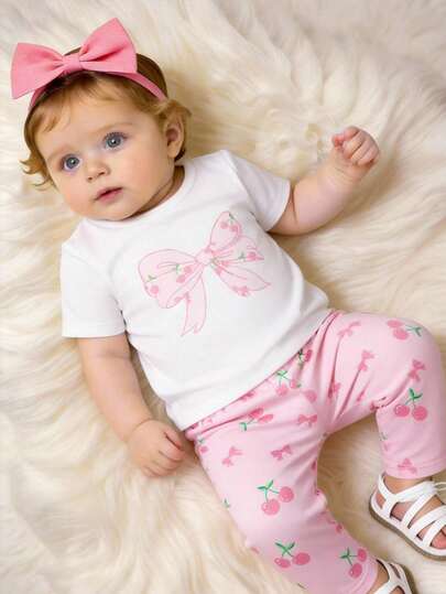 Genkimix Kids 女婴可爱蝴蝶结印花白色圆领短袖上衣搭配舒适豹纹休闲裤，T恤套装，春夏款