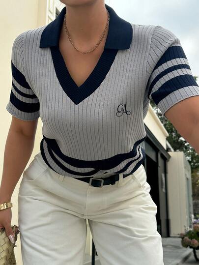 Dazy Plus Plus Size Women Letter Embroidery Striped Short Sleeve Casual Knit Top