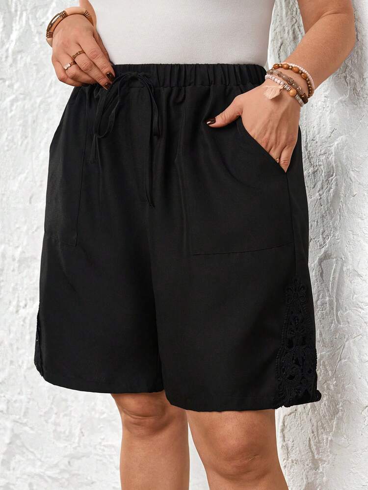 Plus Size Casual Solid Color Shorts, Summer/Vacation Work Shorts For Women Plus Size Shorts Women's Shorts With Pockets Women's Shorts Summer Black Drawstring Shorts Summer Outfits For Women Beach Outfit For Women Casual Vacation Outfits Women Country Concert Outfit Peplum