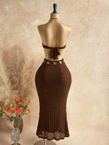 SHEIN WYWH 春夏新款休闲度假西式海滩婚礼宾客礼服毕业早午餐连衣裙，优雅波西米亚热带风情金属装饰连衣裙，露背吊带，褶皱设计，适合派对，腰部镂空设计，女士款 - 棕色 - 查看 2