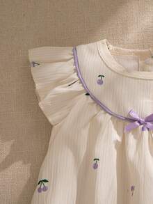 Souflis Souflis Baby Girls' Summer New Striped Cherry Print Flutter Sleeve Ruffle Collar Red Trim Bow Decor Back Placket Simple Fashion Princess Dress - Multicolor - View 4