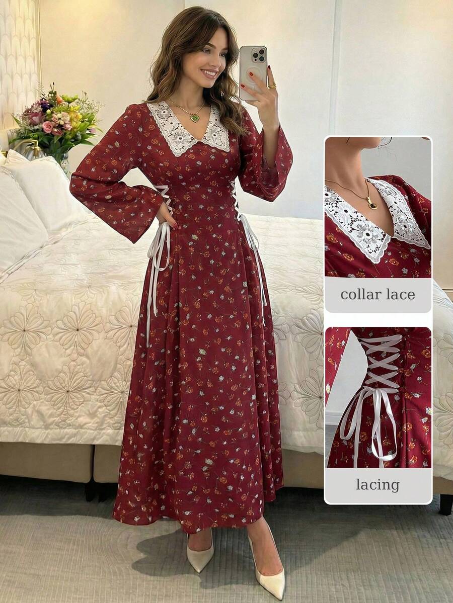 Mulvari 女士优雅碎花印花交叉系带袖阿拉伯风格连衣裙 - 紅色 - 查看 1