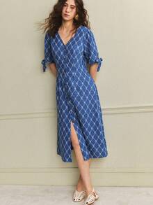 Écloséra 女士优雅V领印花格纹开衩系带腰身中长连衣裙，春夏款 - 藍色 - 查看 6