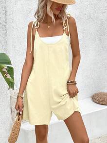 Breezaya Bộ áo liền quần cổ tròn bằng vải cotton mài, màu trơn, đính hạt. - Màu be - Xem 3