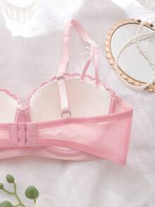 Valentine's Day Heart Embroidery Pink 3/4 Cup Padded Underwire Bra With Coquette Ruffle Bow, Cute & Romantic Gift For Women - Pink - View 4