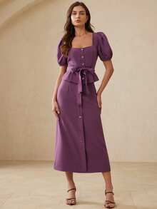 Revavyn 2pcs Set: Elegant Square Neck Collar Belted Top With Metal Buckle + Single-Breasted Maxi Skirt - Purple - View 3