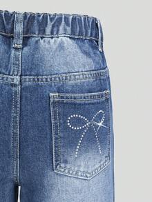 SHEIN 少女牛仔裤，春夏新款，中蓝色水洗牛仔布，休闲舒适，饰有水钻蝴蝶结，宽松阔腿版型，柔软棉质牛仔面料，适合日常、上学、通勤、聚会等场合。 - 藍色 - 查看 7