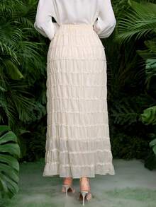 Lacomfia Women's French Style Apricot Pleated Cinched Waist A-Line Skirt - Apricot - View 3