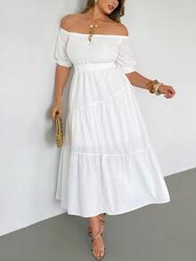 Auralis 大码女士纯色露肩褶皱腰身优雅派对连衣裙 - 白色 - 查看 1