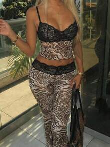 SHEIN SXY Summer Fashionable Sexy Animal Print Contrast Lace Cropped Camisole And Flare Pants Set,Summer,Spring, Leopard Print , Cheetah Print ,Mesh ,Sheer ,Lace - Multicolor - View 8
