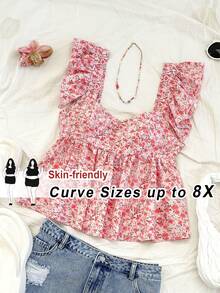 SHEIN CURVE+ Curve 尺码 US22 音乐节、海滨度假、波西米亚风女士度假船领短袖宽松衬衫，粉色碎花船领短袖衬衫 - 彩色 - 查看 1
