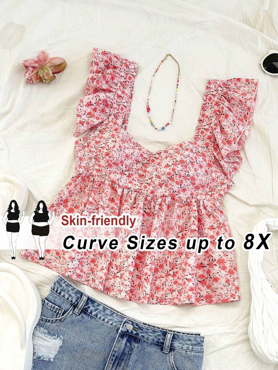 SHEIN CURVE+ Curve 尺码 US22 音乐节、海滨度假、波西米亚风女士度假船领短袖宽松衬衫，粉色碎花船领短袖衬衫 - 彩色 - 查看 1