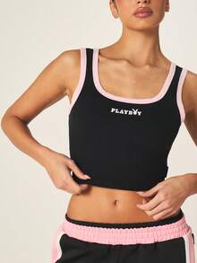 Missguided x Playboy Kontrastfarbige Bindung, quadratischer Ausschnitt, Träger-Top, geripptes ärmelloses Tanktop, Sommer Basis Layering Essentiell, Lässig Fitted Crop Stil - Schwarz - Übersicht 1