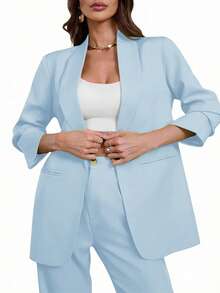 Aveloria Modichic Women's Minimalist Elegant Commuter Shawl Collar Double-Breasted Blazer - Baby Blue - View 3